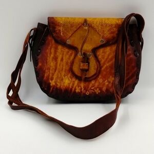 Groovy leather shoulder bag purse unique brown floral hand stamped 70s